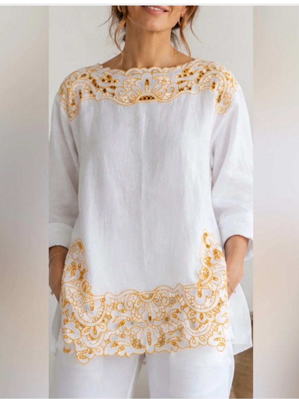 J.Crew Linen Tunic Top with Embroidered Trim